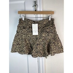 NWT Zara Women's M Tan Leopard Print Mini Ruffle Skort